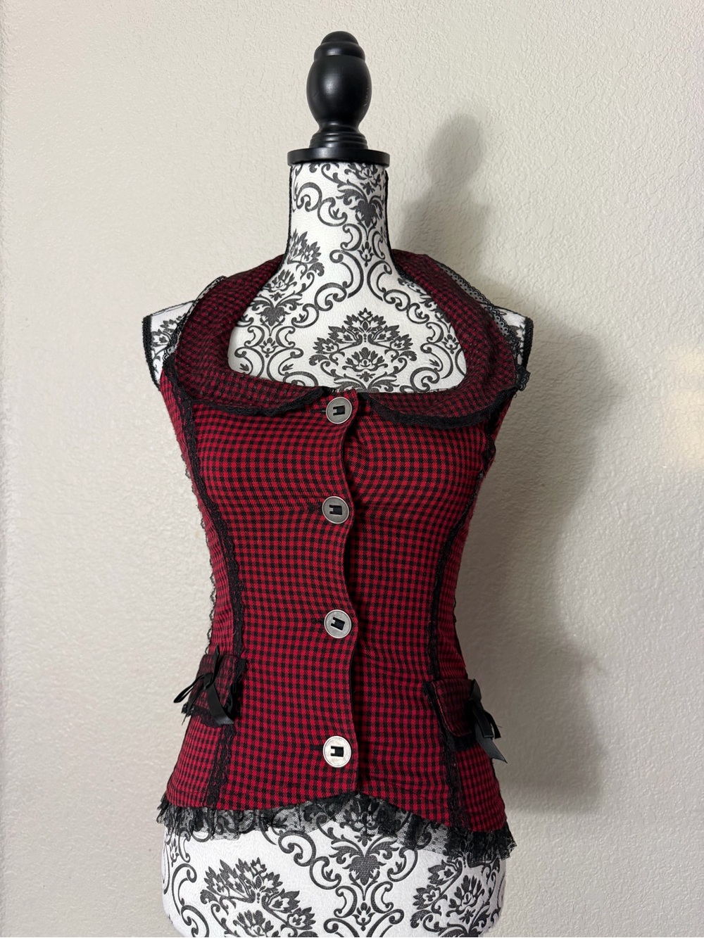 Tripp NYC Red and Black Houndstooth Tank with Lace Accents